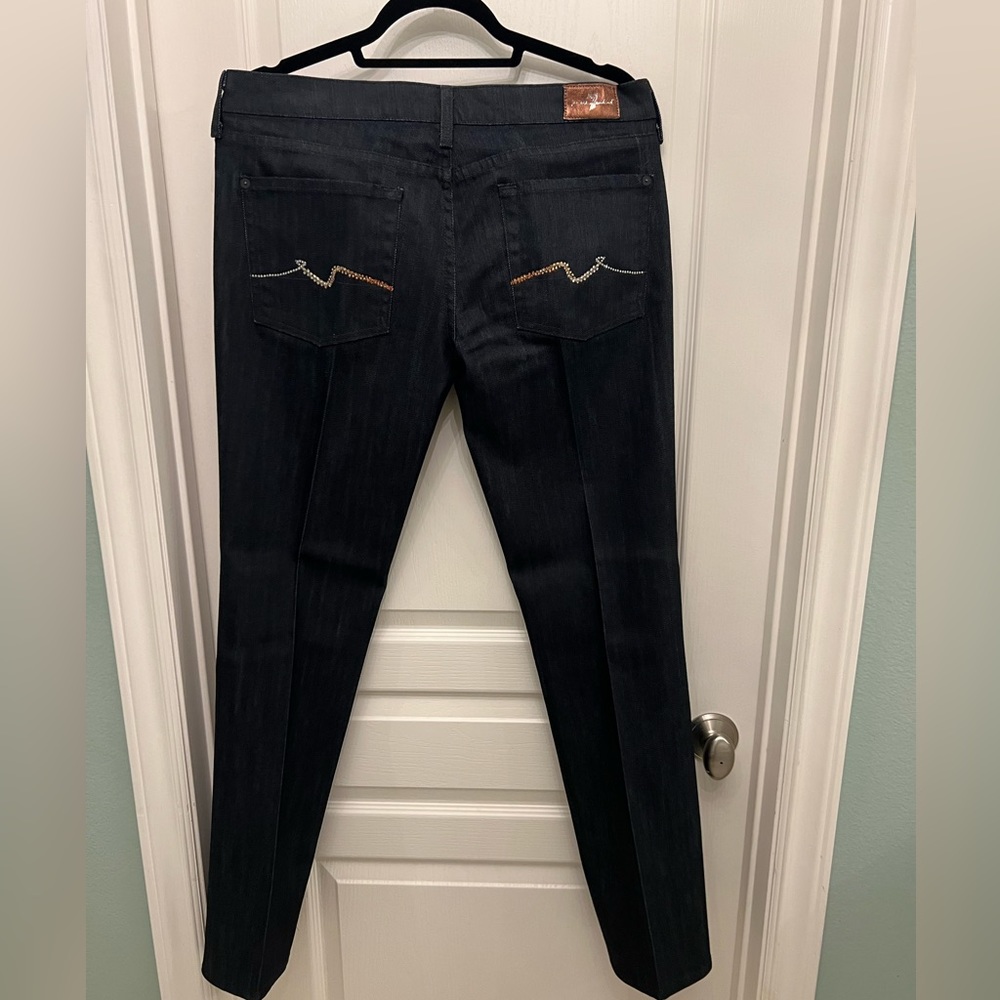 7 Jeans, dark blue, rhinestone picket detail, straight fit, size 32